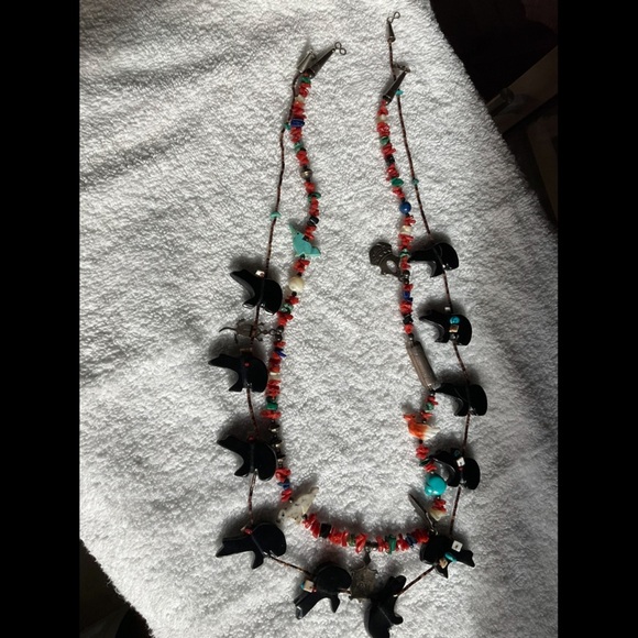 Native American Red and Blue Beaded Fetish Necklace with Charms - Picture 3 of 3
